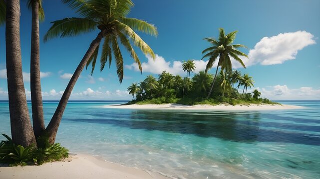 "A small deserted island depicted in a photorealistic style. The scene is outdoors, showcasing a serene tropical setting with lush palm trees on the island. Surrounding the island is the expansive oce