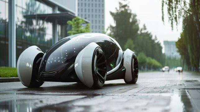 a futuristic car is parked on a sidewalk in front of a building