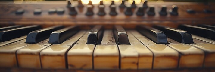 A close-up shot of a piano keyboard with a blurred background
