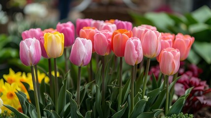   A collection of pink and yellow tulips occupy the foreground in a florist's shop, surrounded by additional tulips in the background