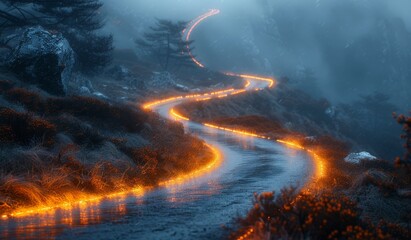 A captivating, mysterious mountain road illuminated by glowing lights in twilight foggy ambiance