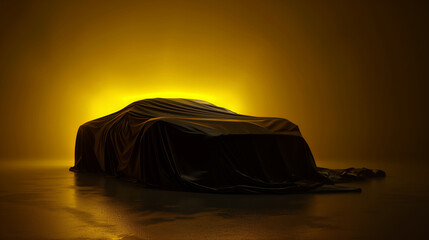 Luxurious car draped in fabric, unveiled in dark studio, 3D rendering. Expensive gift, realistic yellow presentation.