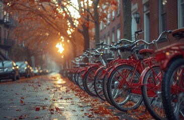 Fototapeta premium Red bicycles line up along a misty autumn street with warm glowing lights in the background