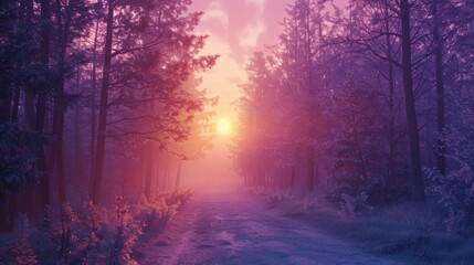 Fototapeta premium sunset on the forest with vaporwave tone color, suitable for wallpaper, poster. Generative AI