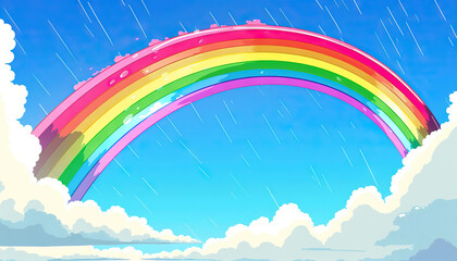 A colorful rainbow arches across the sky after a refreshing summer rain, a symbol of hope and beauty