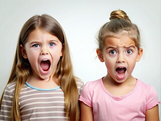 Two girls, one of whom looks angry and the other surprised, against a plain background. Perfect for advertising stress management services.
