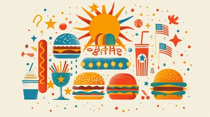 Festive American Fast Food and Fourth of July Illustration - obrazy, fototapety, plakaty