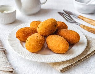 A plate of fried croquettes sits on a table with a fork and knife. The table is set with a white plate