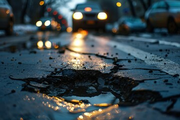 a pothole mars the surface of an urban road, illuminated by the warm light of sunset as cars pass...