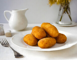 A plate of fried croquettes is piled on top of each other. The doughnuts are golden brown and appear to be freshly made. The plate is set on a white tablecloth,