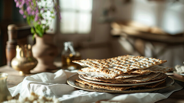 Happy Passover - Happy Pesach. Traditional Passover bread on wooden table. Horizontal banner.