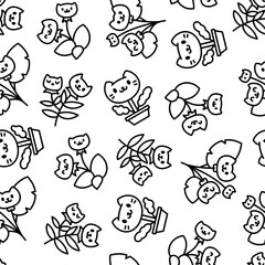 Kawaii flower cat. Seamless pattern. Coloring Page. Cute pet animal cartoon character. Hand drawn style. Vector drawing. Design ornaments.