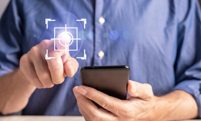 Using mobile phone, finger clicking on button, ai digital technology