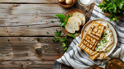 Happy Passover - Happy Pesach. Traditional Passover bread on wooden table. Horizontal banner. - obrazy, fototapety, plakaty