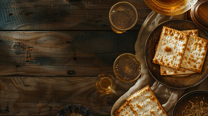 Happy Passover - Happy Pesach. Traditional Passover bread on wooden table. Horizontal banner. - obrazy, fototapety, plakaty