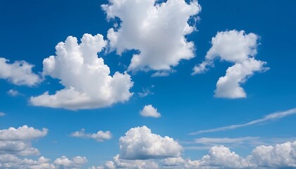 Vast blue sky filled with white clouds, ranging from large cumulus clouds to smaller puffs, bright sky - obrazy, fototapety, plakaty