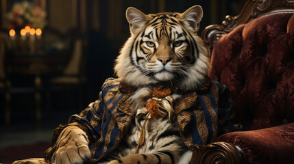 sophisticated tiger in a velvet smoking jacket, adorned with gold embroidery - obrazy, fototapety, plakaty