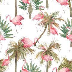Watercolor seamless pattern with exotic flamingo, palm trees on white background. Summer decoration print for wrapping, wallpaper, fabric. Hand drawn illustration