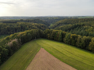 View from above of a landscape with farmfields and forest trees 
