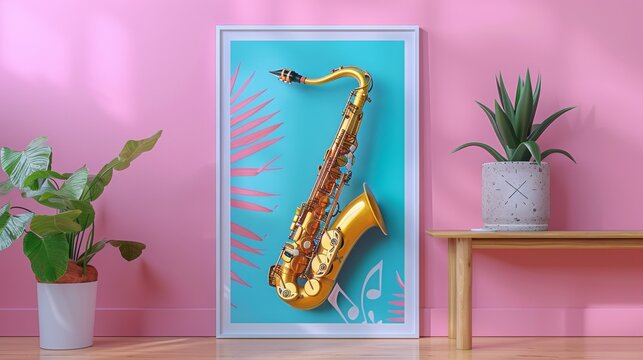 Expressive saxophone and music notes on pink canvas symbolizing jazz energy, ideal for modern wall art decor