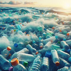Plastic water bottles pollution in ocean. Environment concept. Blurred background