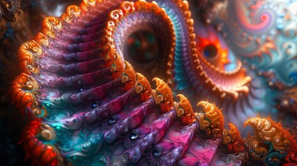 Obraz premium Colorful Fractal Art with Rotating Staircase, Infinite Split Replication, and Kaleidoscope Mirror Effect. Symmetrical Chaos and Spatial Relationship.