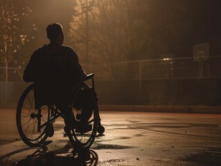 Evening wheelchair basketball training under floodlights