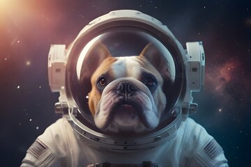 dog astronaut in a spacesuit with a helmet in outer space against the background of the galaxy. Animal astronaut is on a mission and explores new planets. - obrazy, fototapety, plakaty