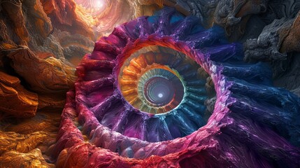 Colorful Fractal Art with Rotating Staircase, Infinite Split Replication, and Kaleidoscope Mirror Effect. Symmetrical Chaos and Spatial Relationship.