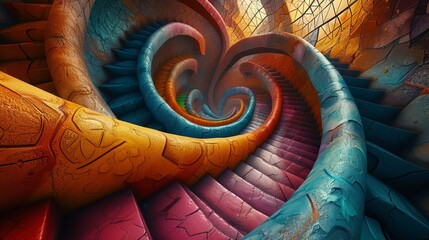 Colorful Fractal Art with Rotating Staircase, Infinite Split Replication, and Kaleidoscope Mirror Effect. Symmetrical Chaos and Spatial Relationship.