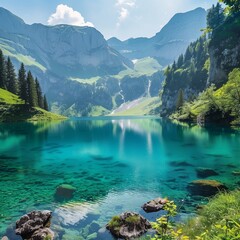 turquoise green blue lake with beautiful nature around 