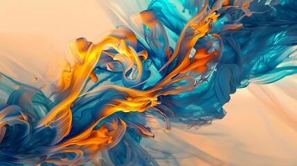 Spectacular image of blue and orange liquid ink churning together, with a realistic texture and great quality. Digital art 3D illustration. 