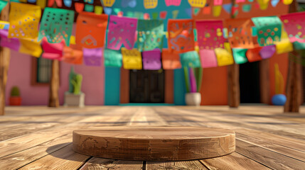 empty wooden podium on wood floor with colorful Cinco de Mayo festival background