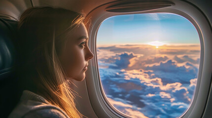 Fototapeta premium A woman is looking out an airplane window at the clouds outside