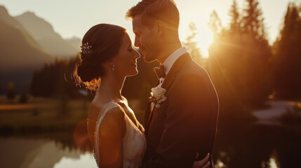 A bride and groom standing together in front of a serene lake, holding hands and smiling on their wedding day - Powered by Adobe