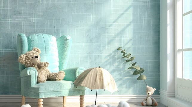 Stylish scandinavian kid room with toys, teddy bear, plush animal toys, mint armchair, umbrella, cotton balls. Modern interior with eucalyptus background walls, Design interior of childroom. 