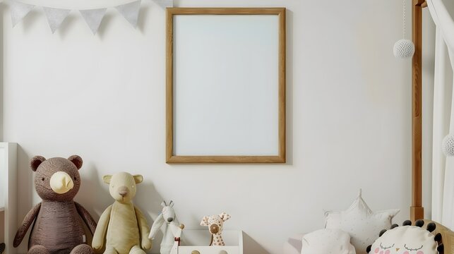 Stylish scandinavian newborn baby room with brown wooden mock up poster frame, toys, plush animal and child accessories. Cozy decoration and hanging cotton flags on the white wall. Template