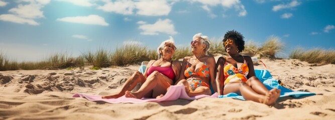 multiethnic group of senior women sunbathing on the beach - 781511985