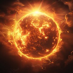Artistic representation of intense solar flare activity erupting from the sun's surface.