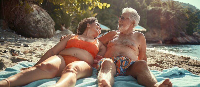 retired senior couple on summer vacation sunbathing on the beach