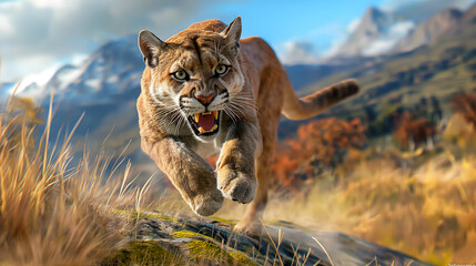puma and her cub walking in the desert highlands - obrazy, fototapety, plakaty