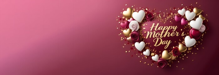 Red, pink and white hearts with golden confetti abstract maroon background with text happy Mother's Day and copy space for text