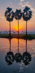 Silhouette of palm trees against a serene sunset sky, reflected on a calm water surface.