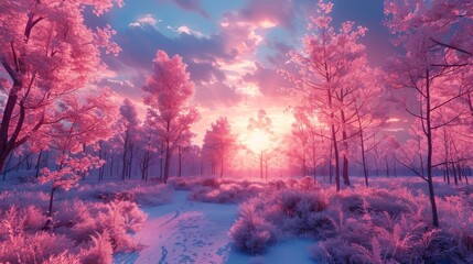 sunset on the forest with vaporwave tone color, suitable for wallpaper, poster. Generative AI