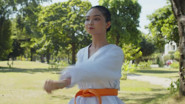 Tilt up shot of young Asian girl performing taekwondo punches while working out outdoors in park