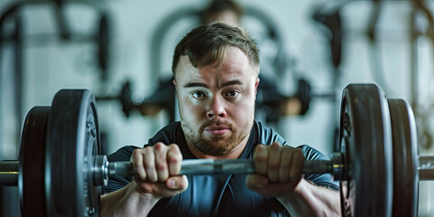 Strength Training: Man with Down Syndrome Lifting Weights at the Gym. Learning Disability.