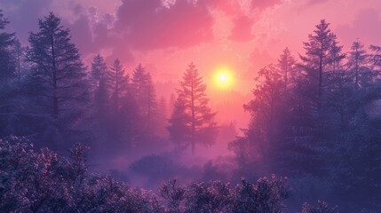 Fototapeta premium sunset on the forest with vaporwave tone color, suitable for wallpaper, poster. Generative AI