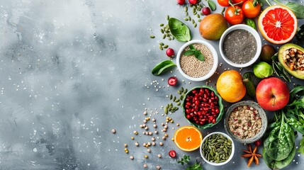 Healthy food clean eating selection: fruit, vegetable, seeds, superfood, cereal, leaf vegetable on gray concrete background. National Eat Your Vegetables Day. International Fruit Day. copy space