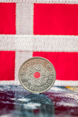Danish kroner, Denmark flag, financial business concept, vertical photo, close up