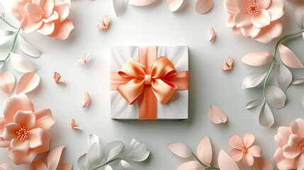 Stylish 3D Gift Card Presentation with Peach and Orange Ribbon, Floral Design on White Background